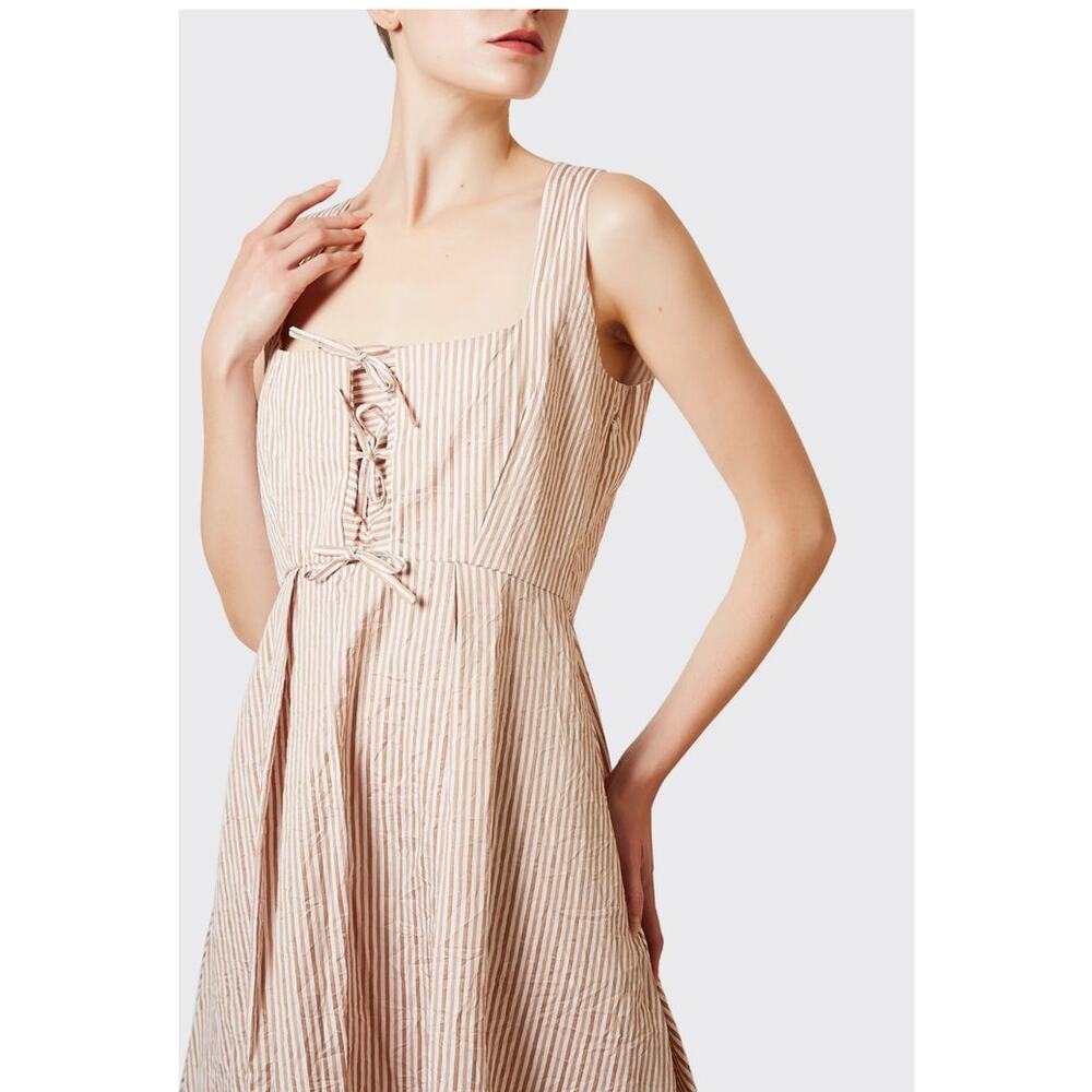 Thierry Colson Winifred Tie Front Midi Dress Cream & Tan Striped Cotton sz M - Picture 13 of 14